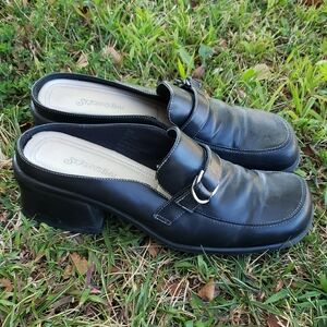 St Johns Bay Womens Black Leather Square Chunky Block Heel Loafers Size 8.5 Y2K